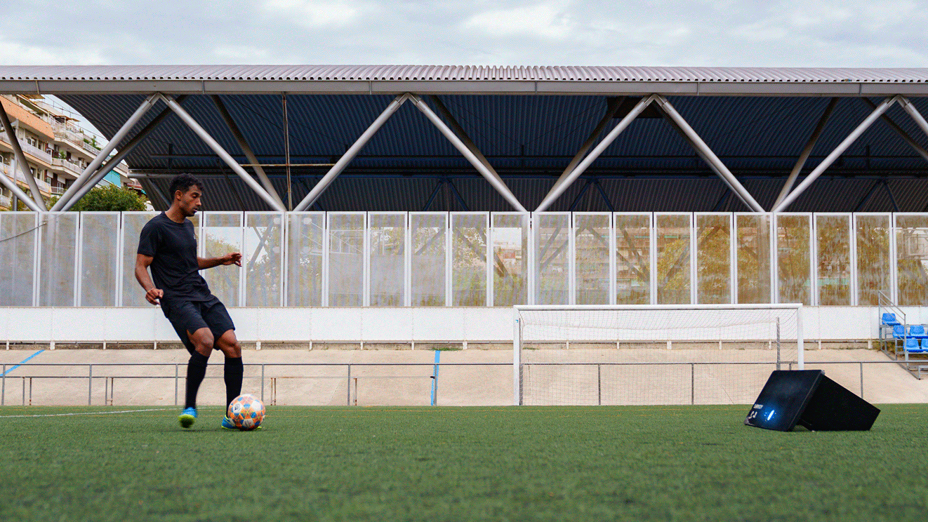 Soccer player using the RebounderGo from A-Champs to practice volleys
