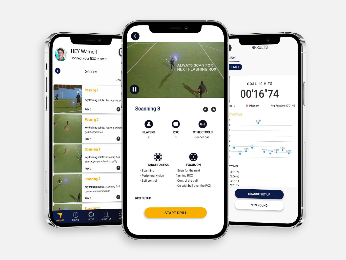 Three smartphones display different features of the A-Champs ROXPro soccer training app. On the left, a menu lists various soccer drills. The middle screen prompts to start a "Scanning 3" drill, highlighting player count and training areas. The right phone shows session results with hit goals, time, and reaction analytics, offering options for setup changes or new rounds. The interface is sleek and designed for interactive soccer training.