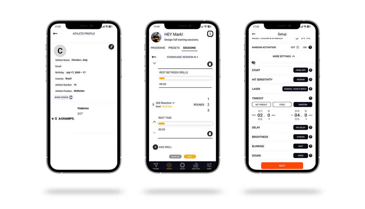 The CogniCage app showing custom drill creation, cue logic and the session builder.