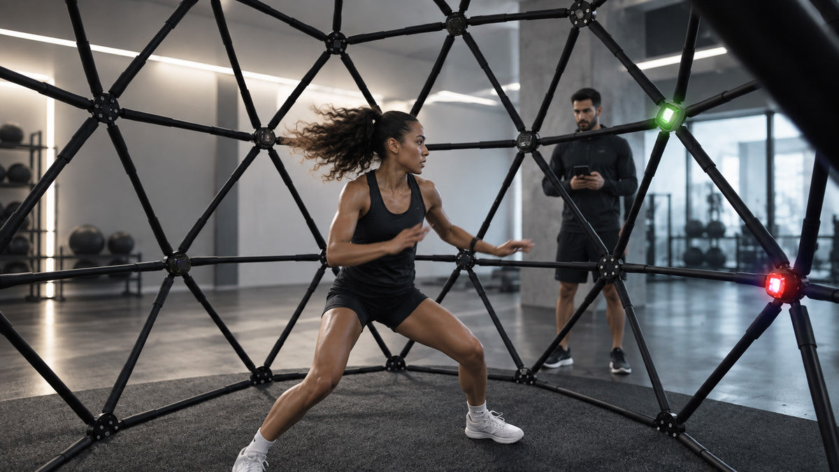 An athlete moving through a 360° CogniCage training task while a coach directs the session.