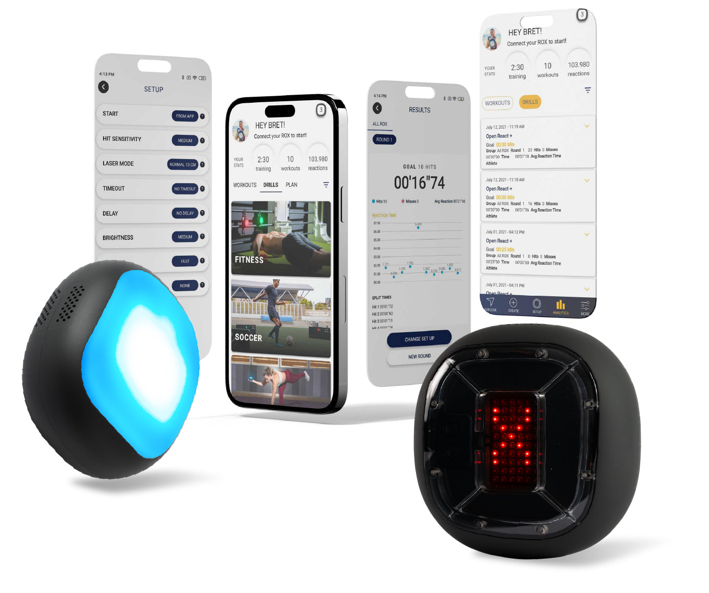 The image showcases a collection of high-tech training equipment and app interfaces. It features a ROXPro glowing with blue light, and a ROXProX with a red illuminated LED grid, likely for performance feedback, displaying the letter "X". In the center is a smartphone showing a fitness app screen with a personal greeting, workout stats, and options for different activities like fitness and soccer.